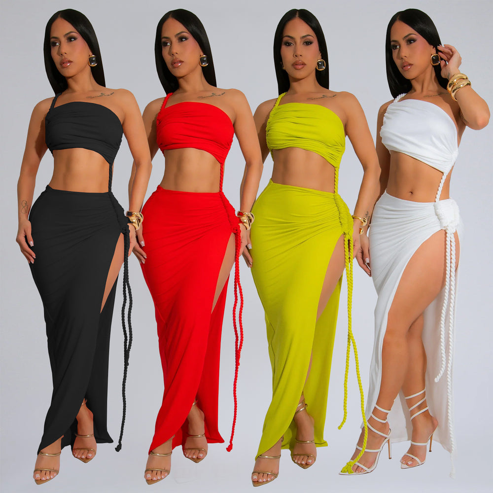C7342 cross-border   fashion women's summer casual wrap chest side slit sexy long skirt