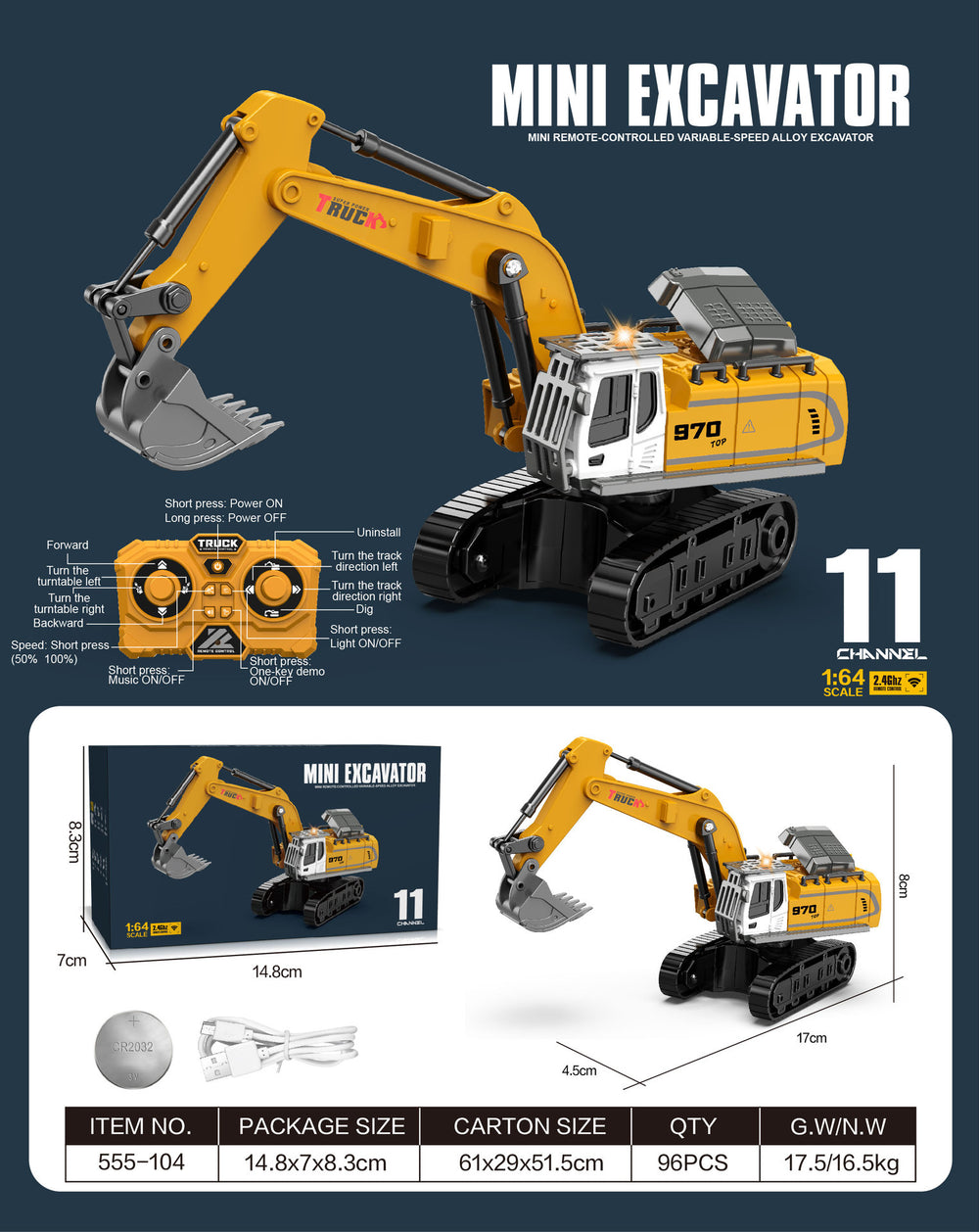 hot-selling full proportional alloy mini excavator dumper truck 1:64 scale kids' remote control construction vehicle mini forklift
