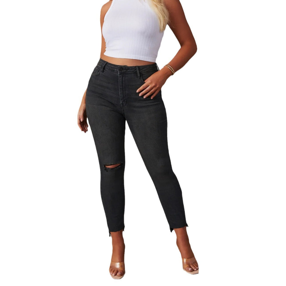 European and american stretch jeans for women,  new high-waisted, elegant, commuter-friendly skinny jeans, fashionable raw hem washed denim