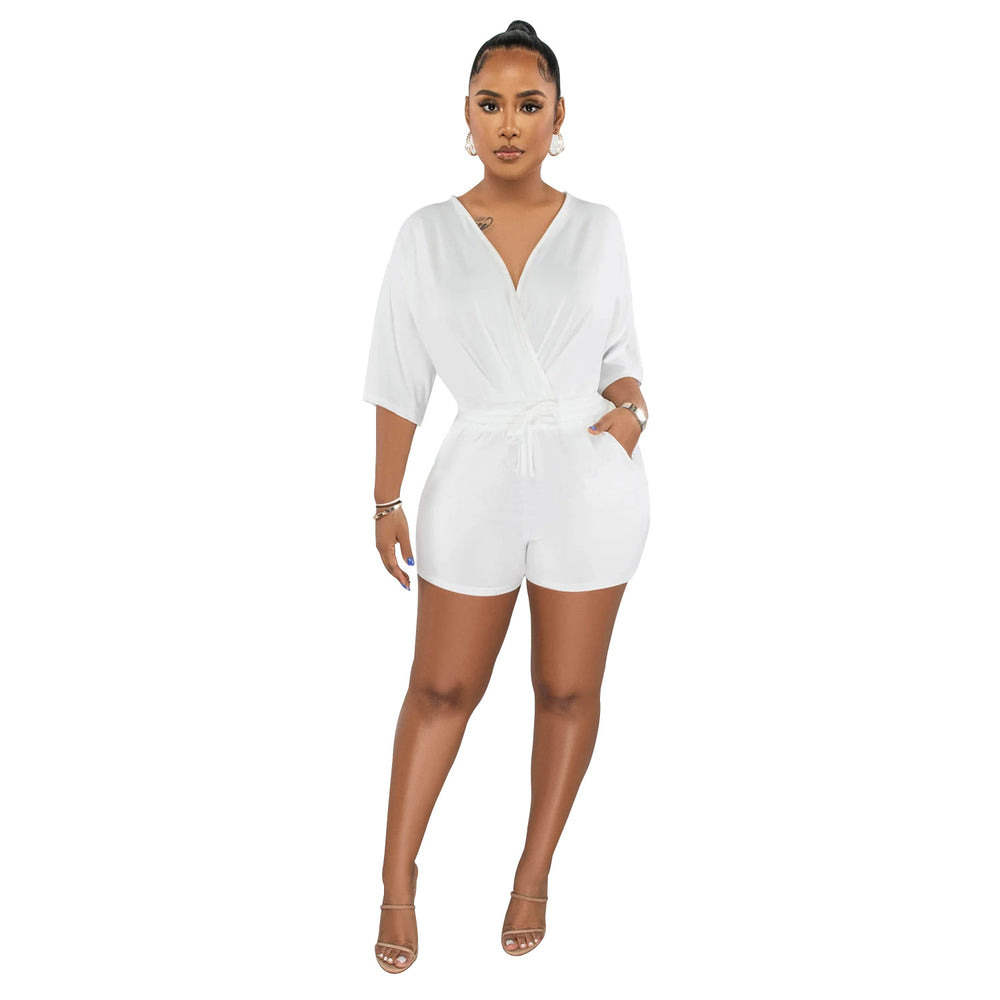 C6308 special offer: no returns or exchanges. please purchase with care. cross-border fashion women's tie-up v-neck mid-sleeve shorts jumpsuit