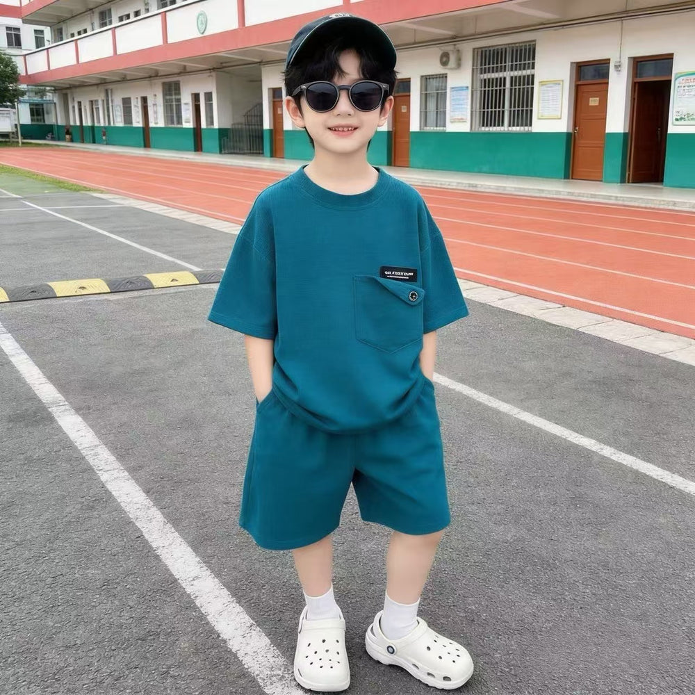 New boys' short-sleeve casual solid color shirt + matching shorts two-piece set - korean style fashion outfit - wholesale from manufacturer
