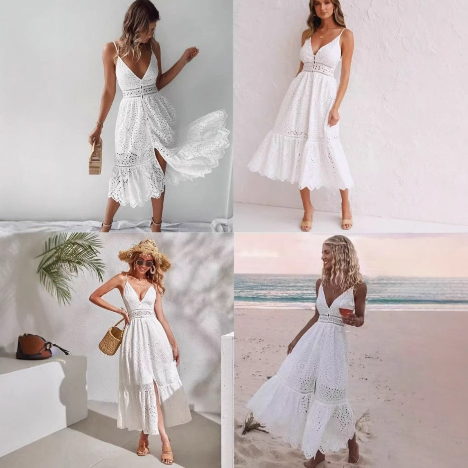 Russian  women's new summer sleeveless suspender dress hollow embroidery sleeveless jacquard suspender dress