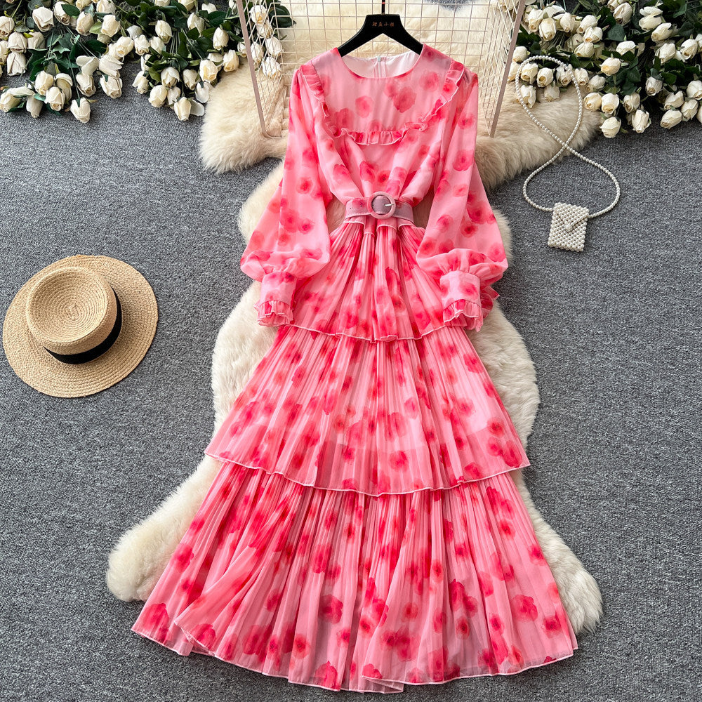 French romantic lantern sleeve printed dress - korean style, cinched waist, flowy maxi dress, high-end vacation vibe