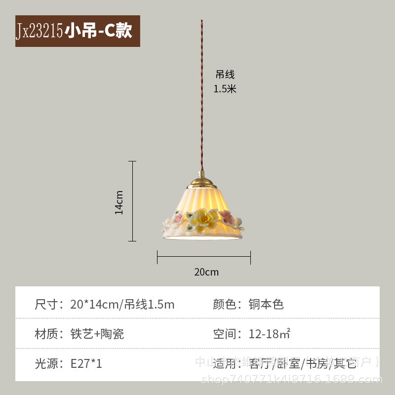 French retro bow brass small pendant wall lamp 3d ceramic flower pleated fabric bedroom bedside light