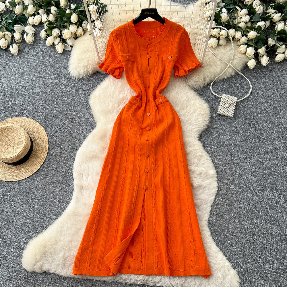 Export french tweed styleclassyfashionable buttoned silm short-sleeved knittingdress women's summer waist elegant