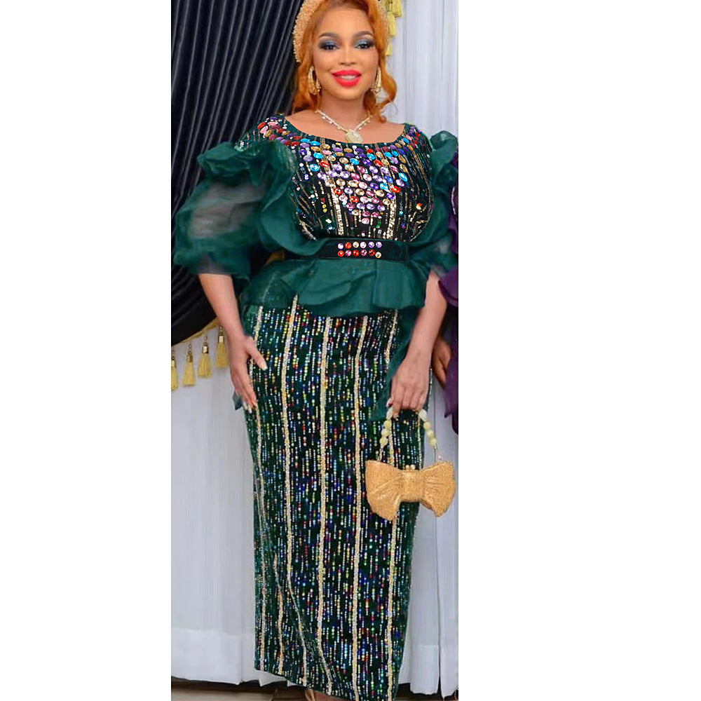 new party evening dress, heavily rhinestone embellished, hot-selling  african women's dress with belt included