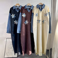 2025 fall/winter new arrival: denim patchwork knit faux two-piece collared dress with floral beaded embellishments - women's maxi dress