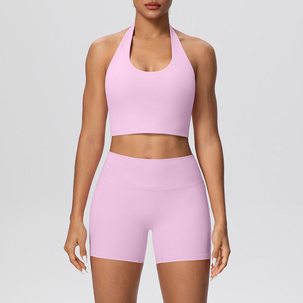 New arrivalnude halter back high waist hip pocketshorts yoga wear tight sports suit running fitness wear