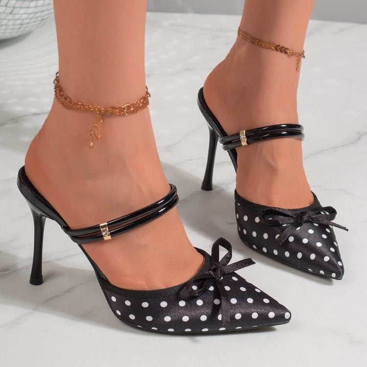 summer new polka dot pointed-toe high heel women's shoes - bow-tie closed-toe stiletto heel sandals & slippers - cross-border e-commerce