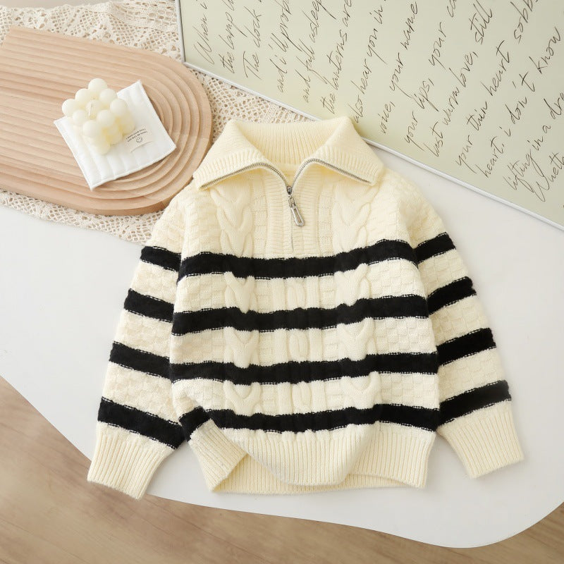 Kids' fall/winter korean style striped sweater cardigan - girls' knitted open front top with zipper detail