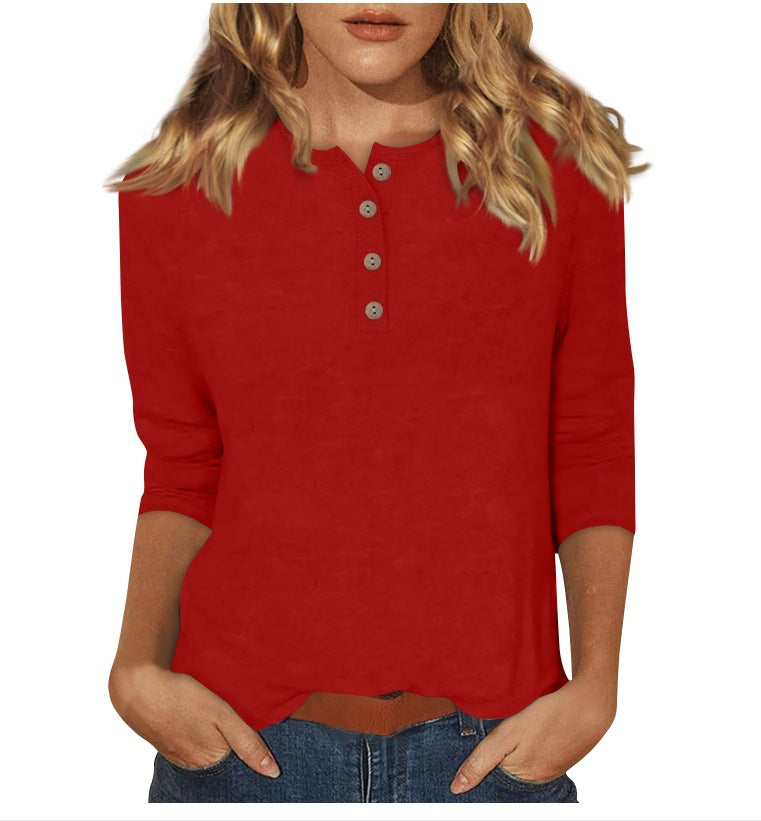 cross-border  women's fashion casual three-quarter sleeve solid color button-down crew neck t-shirt top