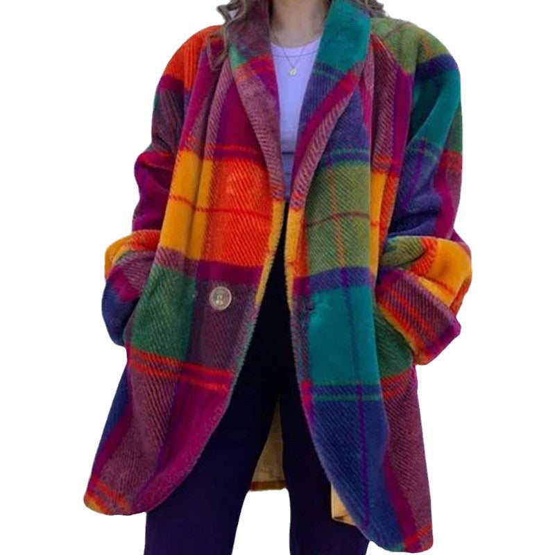 autumn european and american cross-border women's fashion: -ready long-sleeved, collared, color-blocked wool blend overcoat with print