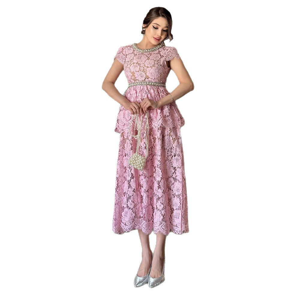 Frenchaccessible luxury celebrity heavy industry beading diamond round neck short sleeve waist lacedress women's slimming lookelegant long skirt