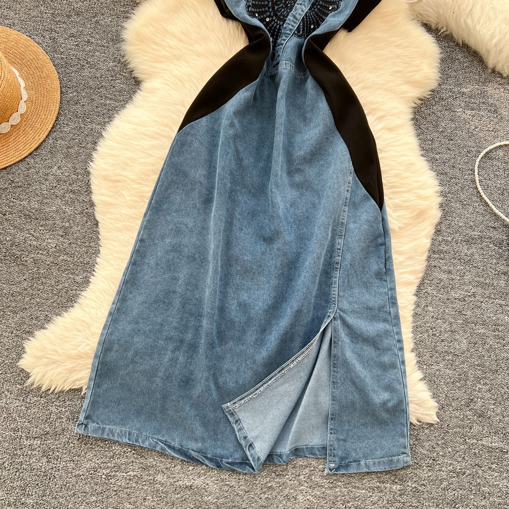 Chinese style outfit women's summer fashion heavy industry diamond embroiderv neck short sleeve patchwork denim dress women's long skirt