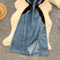 Chinese style outfit women's summer fashion heavy industry diamond embroiderv neck short sleeve patchwork denim dress women's long skirt