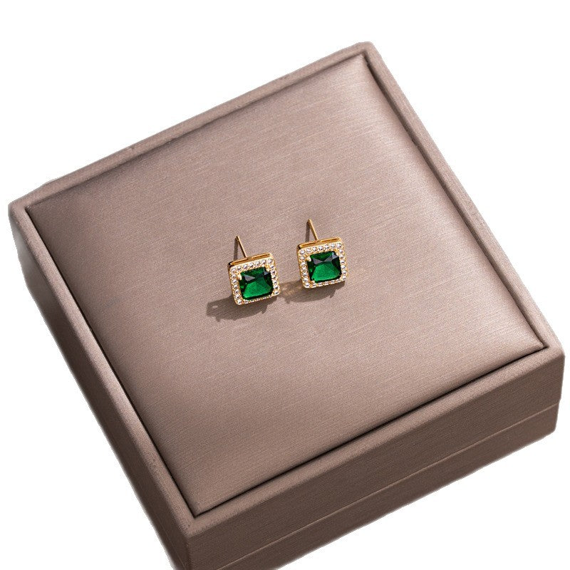 [titanium steel] emerald necklace women's square gemstone pendant earrings versatile high-end cross-border best selling clavicle chain