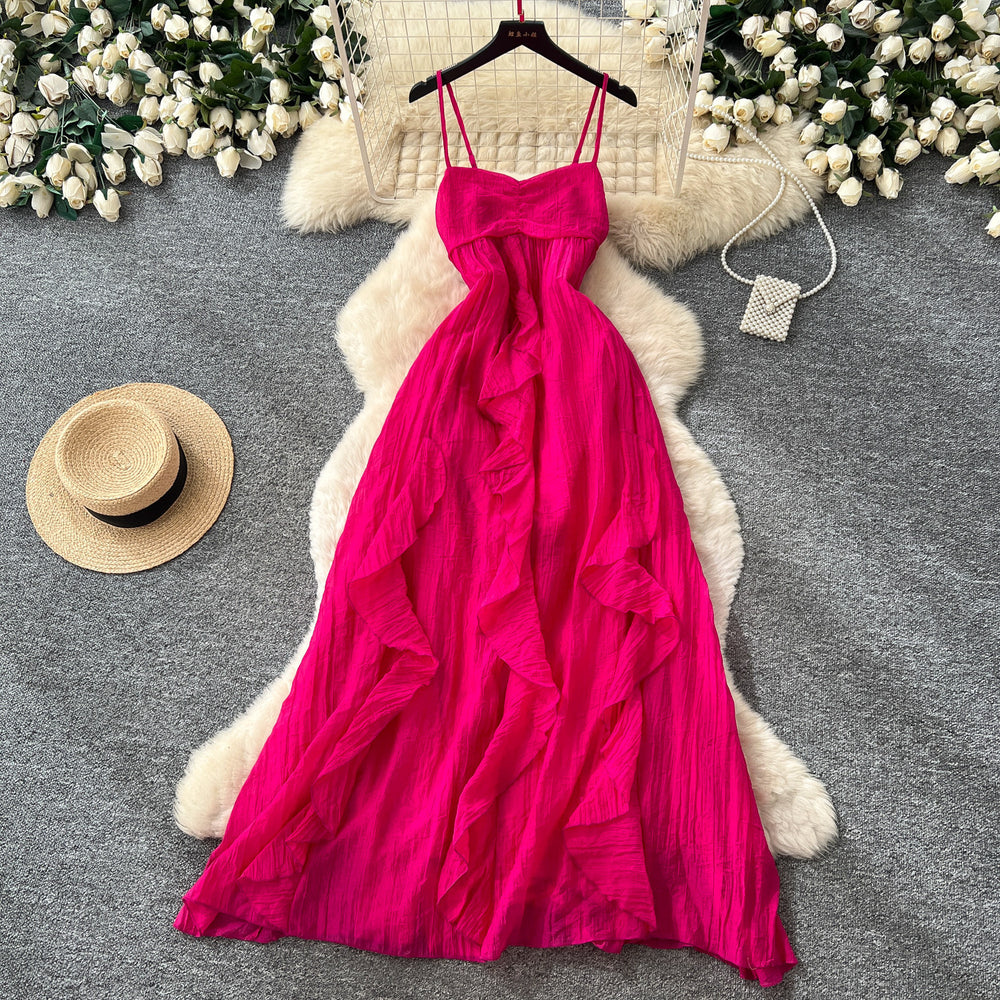 French dopamine yellow cami dress - women's  summer ruffle hem, slim fit, vacation style maxi dress