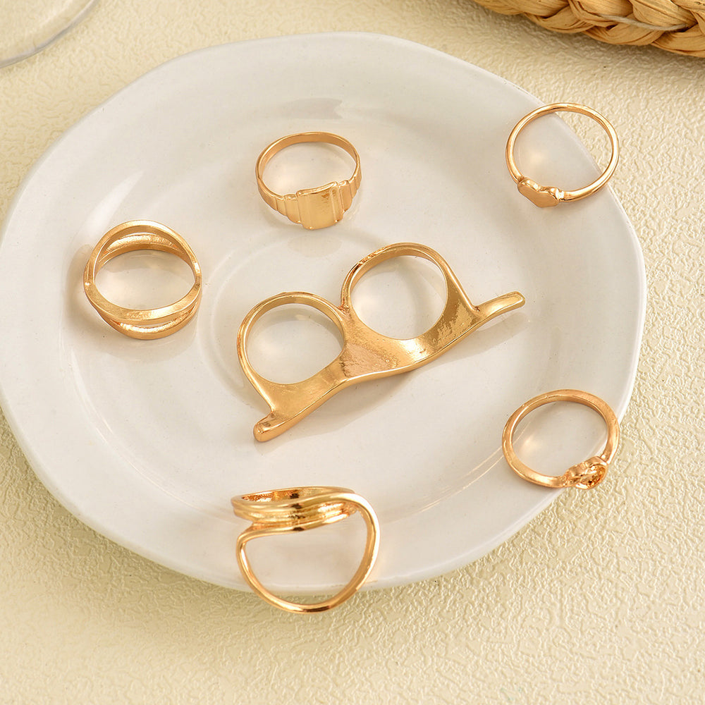 European and american cross-border jewelry: irregular geometric line ring set, minimalist heart double finger 6-piece ring wholesale