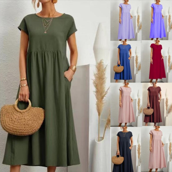 ,  2024 Europe and America solid color sleeveless loose cotton and linen pocket, dress, spot.