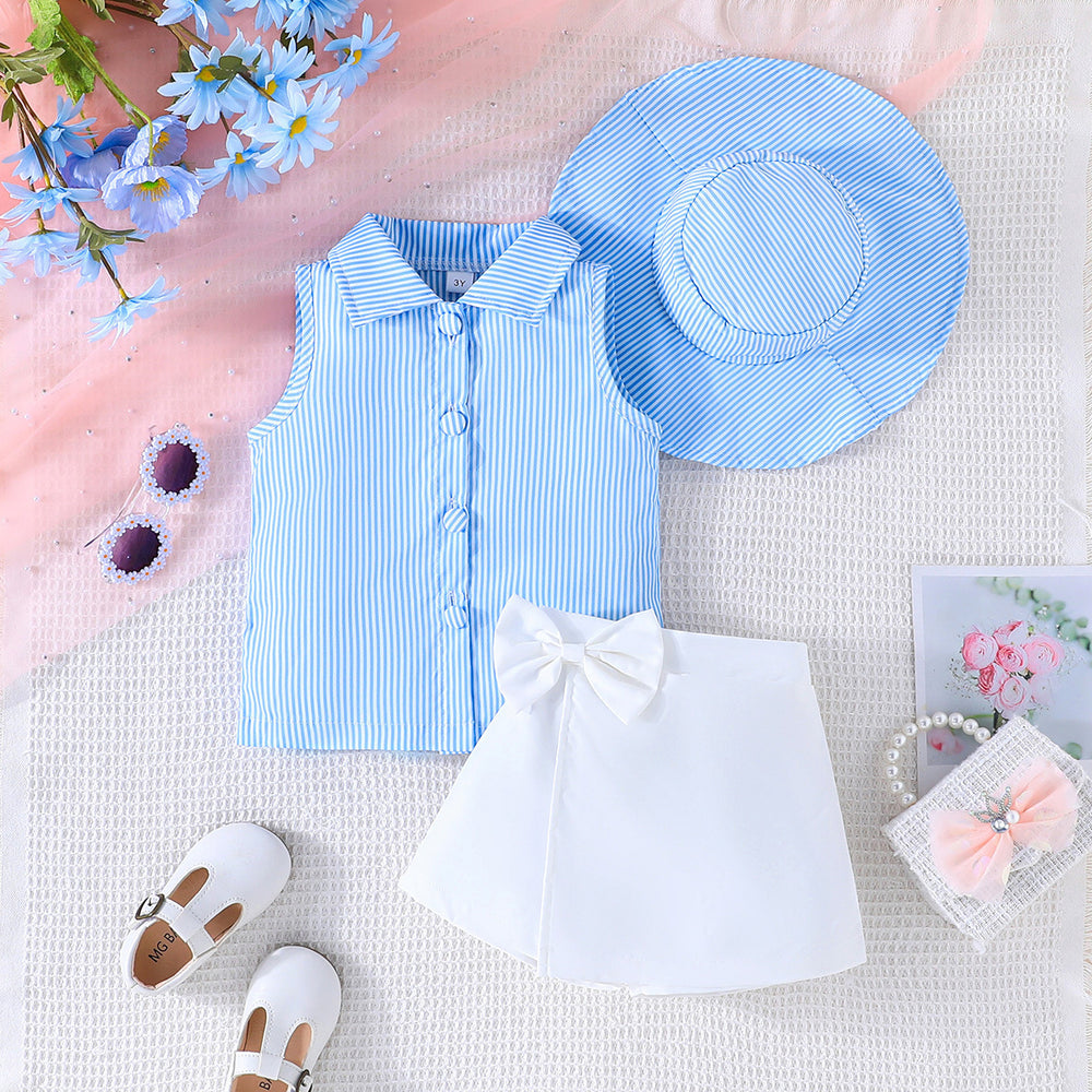 european and american hot-selling new girls' fashion striped top + skirt + hat three-piece set - cross-border hot item