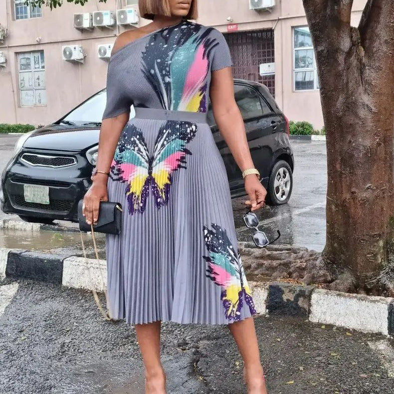 D298exportplus size women's summer fashionelegantprinting short-sleeved tops pleated large hem skirt africansuit