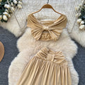 spring new french sexy one-shoulder cropped top and ruched midi skirt vacation outfit set