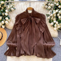 Sense of designniche style chic fungus edge beaded shirt women's stand collar lantern sleeve single breasted pure colorsweettops
