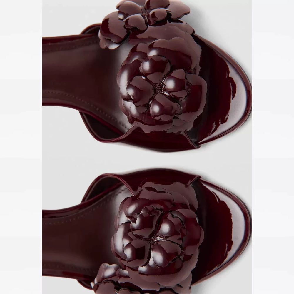 Mng mango women's chocolate brown patent leather heeled sandals with floral detail