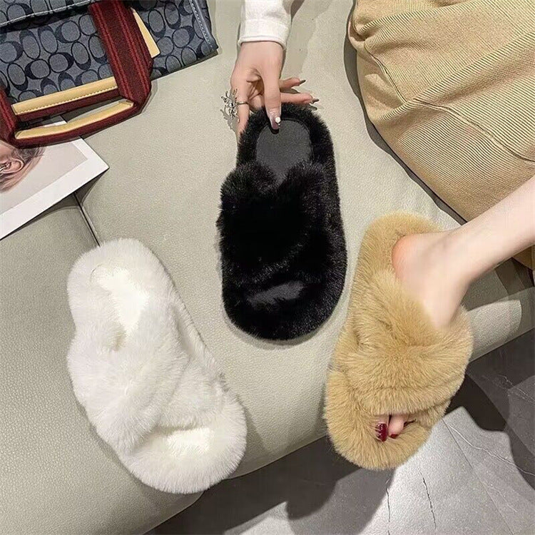 Thick sole cross strap furry slippers for women fall and winteroutwear2023new arrivalplatform shoesthick soleincrease soft bottomfor home cotton slippers
