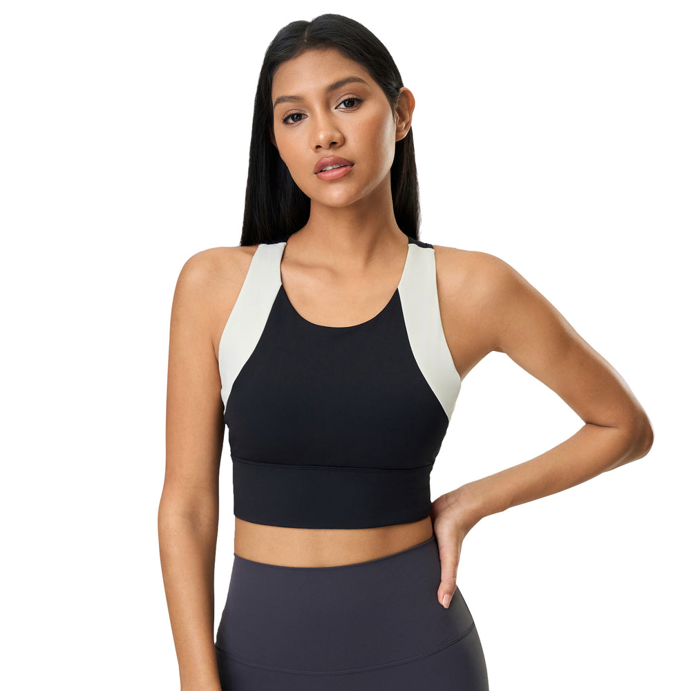 Spring/summer new arrival: trendy color-blocked cropped sports tank top for women - built-in bra pads, push-up, beautiful back design, yoga bra d25067