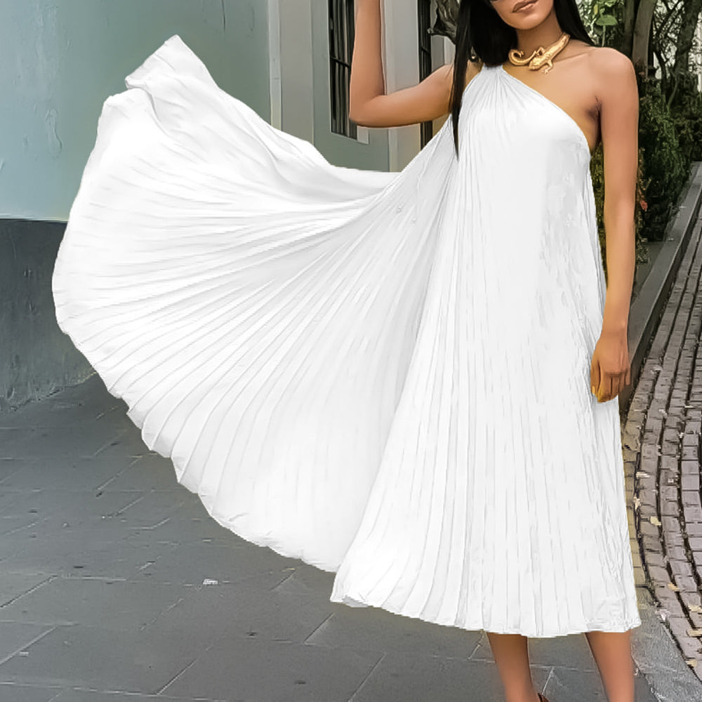 C8552  cross-border  elegant solid color ruched sleeveless asymmetrical neck maxi dress - export quality