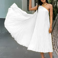 C8552  cross-border  elegant solid color ruched sleeveless asymmetrical neck maxi dress - export quality