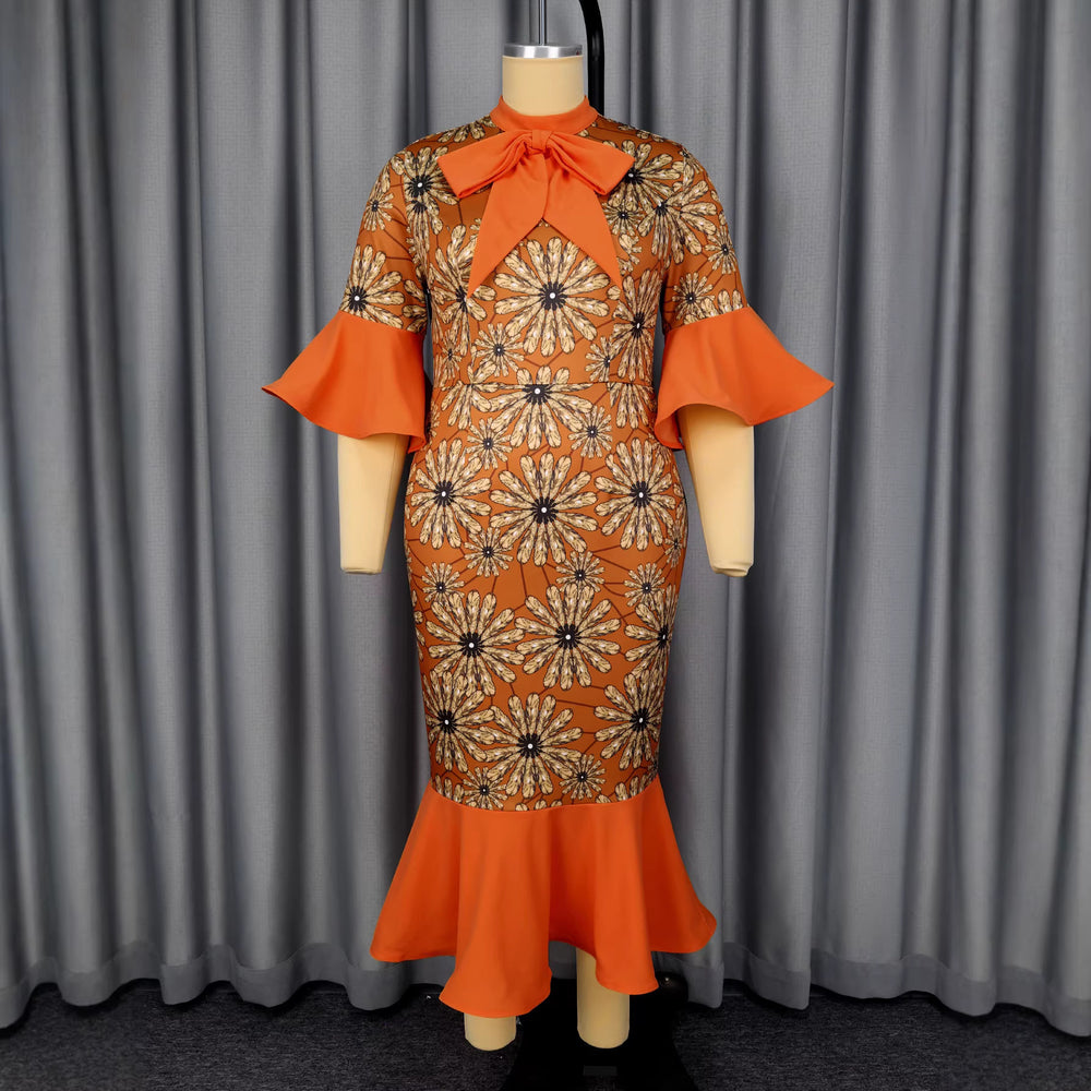 fashion daisy print dress - bow accent, flared sleeves, slim fit mermaid tail evening gown