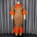 fashion daisy print dress - bow accent, flared sleeves, slim fit mermaid tail evening gown