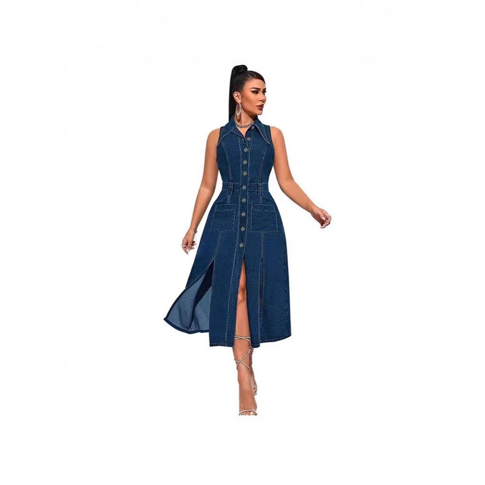Amazon independent station  cross-border women's denim dress fashion sleeveless slit long dress women