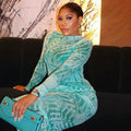 European and american style cross-border printed mesh women's dress - fitted waist, bodycon, high neck, fashionable long sleeve, elegant maxi dress