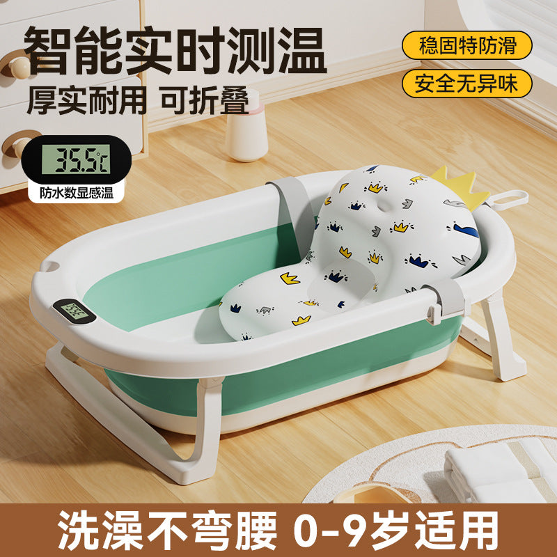Newborn baby foldable bathtub with temperature-sensitive silicone plug, easy grip handles, and large capacity for baby bathing