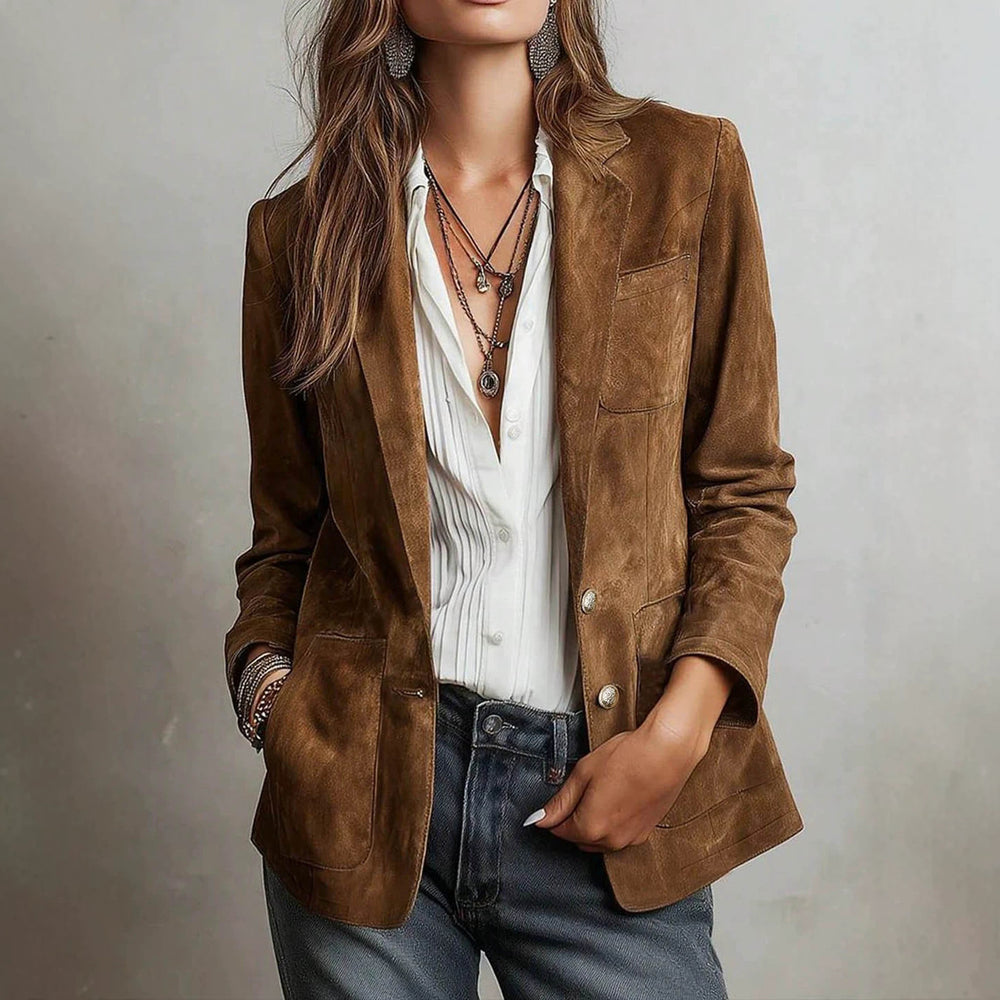 European and american cross-border retro style women's outerwear - tan textured lapel single-breasted pocket design casual blazer