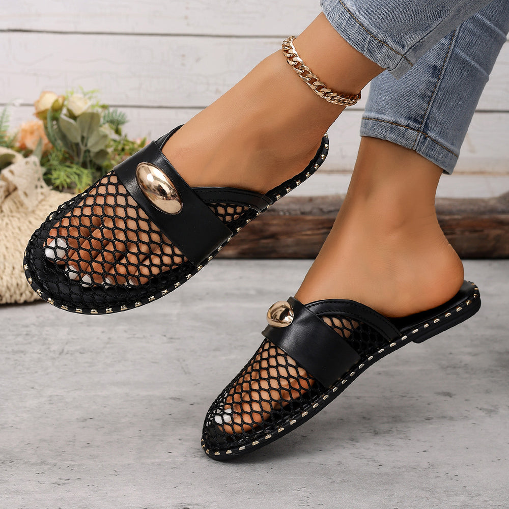 Exportnew arrivalplus sizemary jane mesh breathable flats slippers women's toe mesh breathable fishnet toe half drag