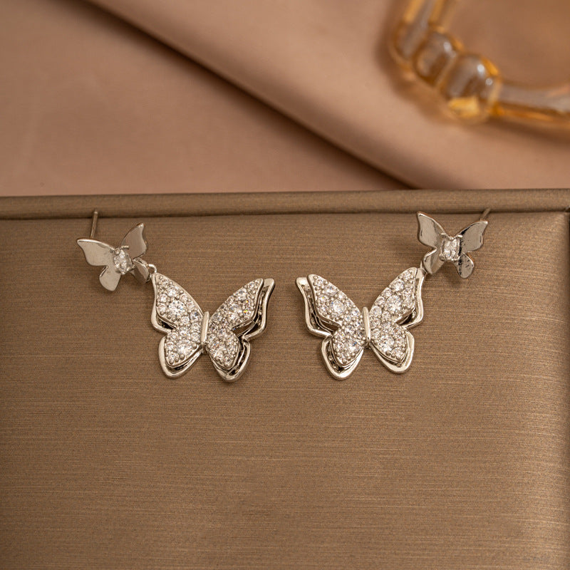 [set] european and american popular butterfly necklace earrings titanium steel light luxury exquisite new high-end sense clavicle chain jewelry
