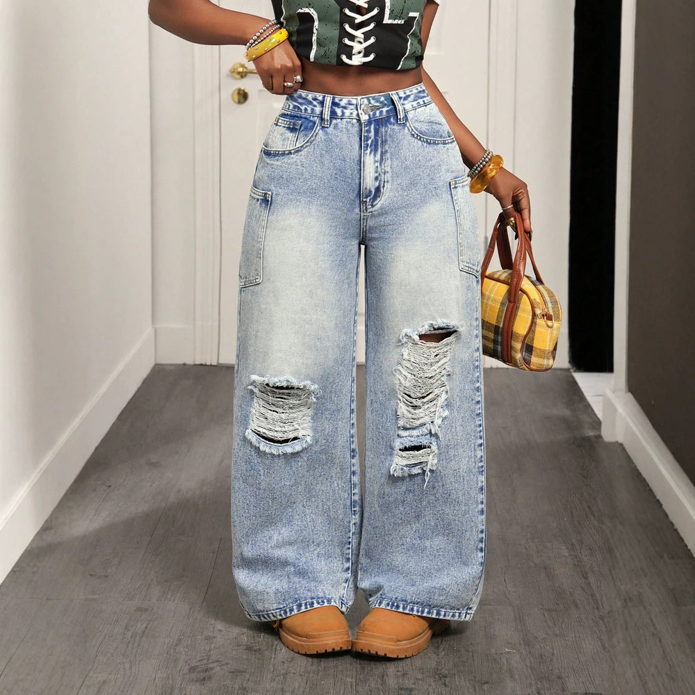 Fashionjeans women's high waist side flap pocket pants big holes raw edge loose pants washed retro hot girl mop pants