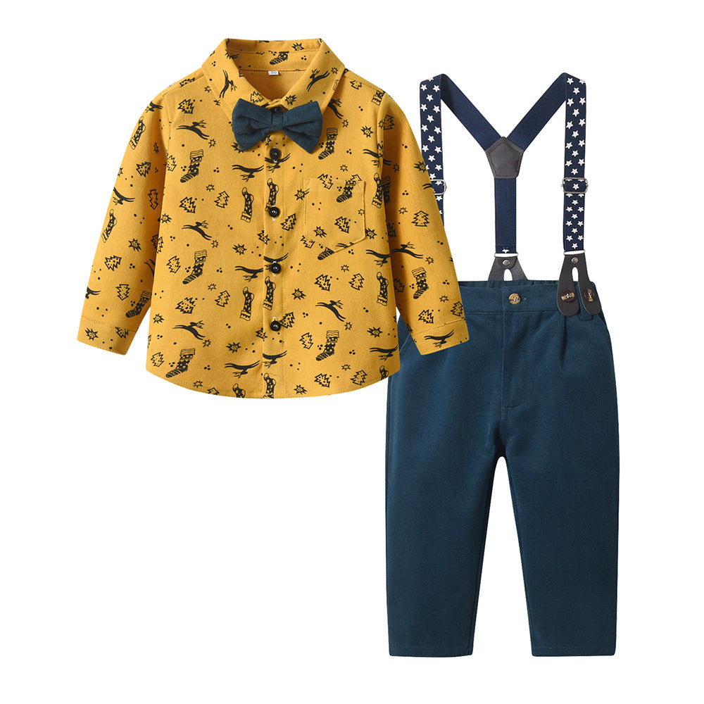 New autumn children's shirt printed christmas long sleeve bow tie mid-to-large kids gentleman's formal wear set customized children's clothing
