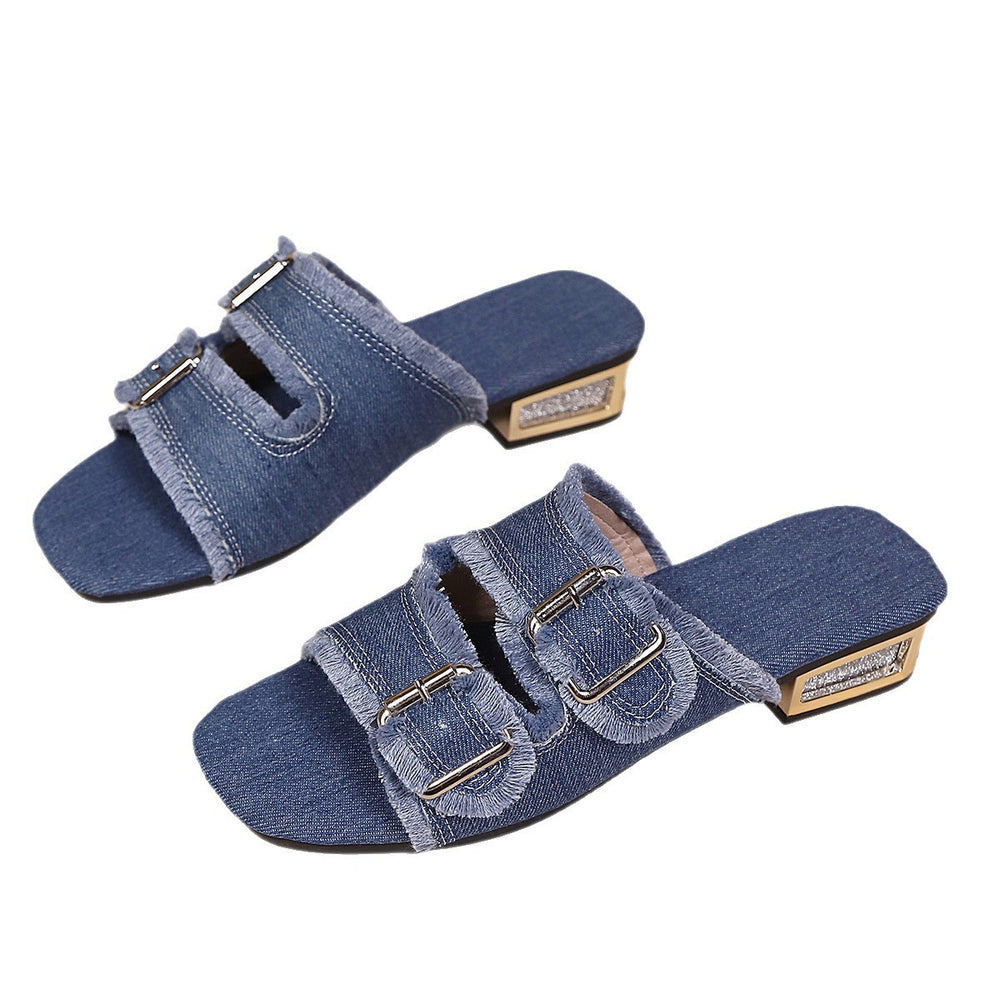 Export 2026new arrivalplus size medium heel denim belt buckle slip-on sandals women's summer outwearslipper