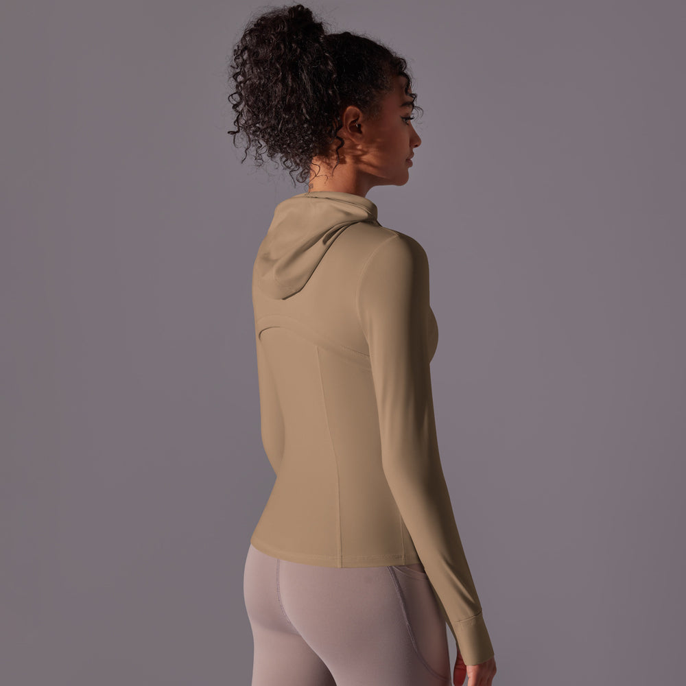 New women's seamless hooded yoga top - long sleeve, quick-dry, zip-up activewear for running and fitness