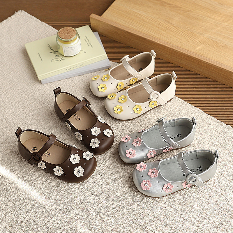 Vancahao girls' leather shoes -  spring/autumn new korean style - children's floral princess shoes - student flats
