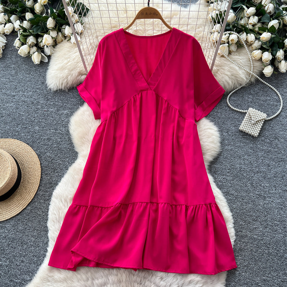K-stylev neck short-sleeved casualelegantdress women's summercasuallooseslimming look flesh-covering a-line skirt work clothing
