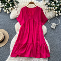 K-stylev neck short-sleeved casualelegantdress women's summercasuallooseslimming look flesh-covering a-line skirt work clothing