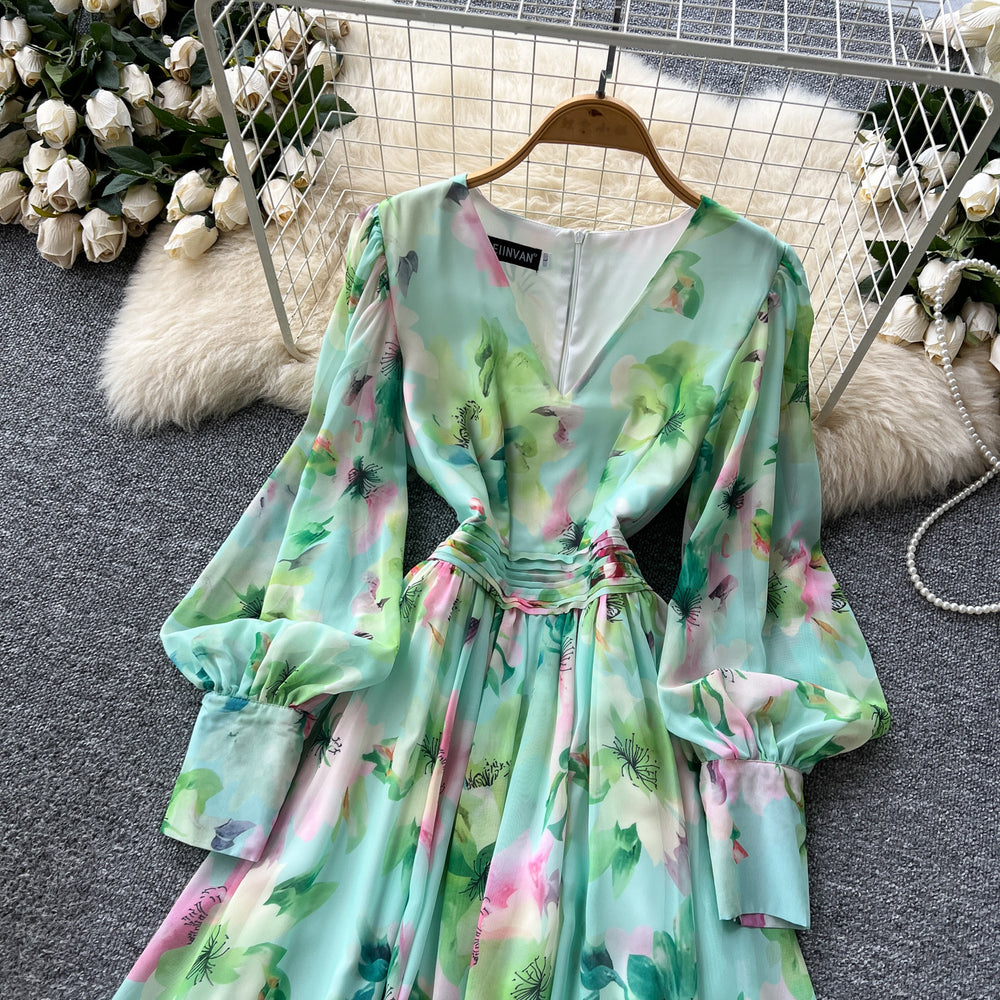 Gentle atmosphere printing lantern sleeve v neckdress women's summer waist slimming look large swing accessible luxuryelegant long skirt