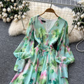 Gentle atmosphere printing lantern sleeve v neckdress women's summer waist slimming look large swing accessible luxuryelegant long skirt