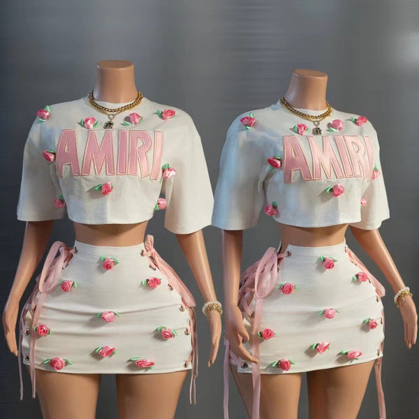 FC1369 European and American  sexy babes three-dimensional rose decoration exposed button T-shirt short skirt set